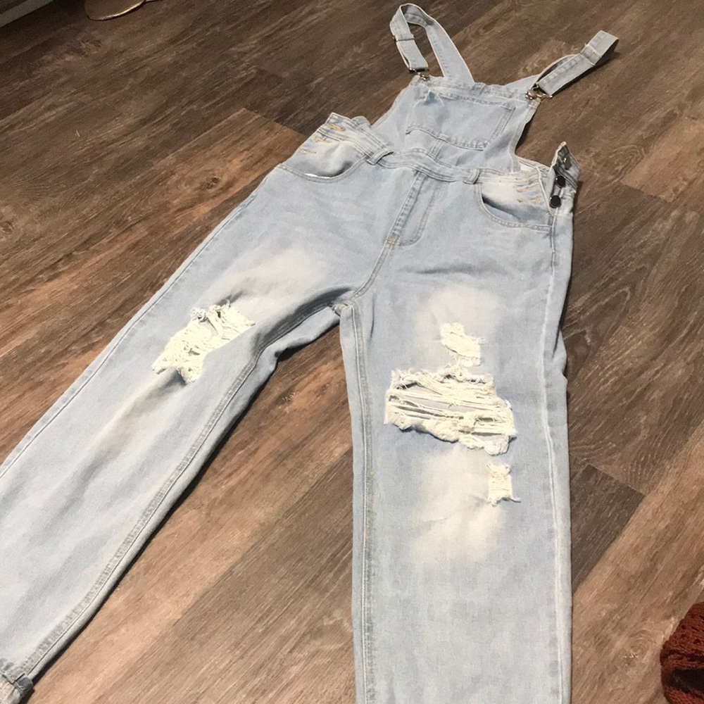 Light Wash Distressed Denim Overalls - Women